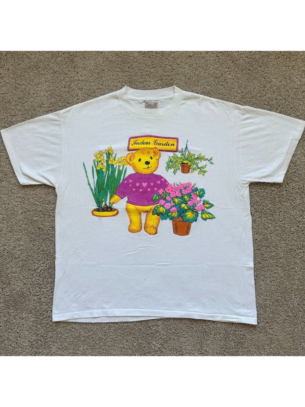 Vintage 90s Teddy Bear Flower Garden T-Shirt Cute Grandma Cottage Single Stitch